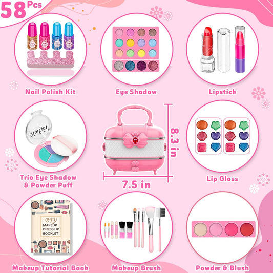 58Pcs Kids Real Makeup Sets for Girls, Safe Washable Children Pretend Dress up Toys Make up Starter Kit, Princess Holidays Birthday Gifts for Age 3 4 5 6 7 8 9 10 11 12 Year Old Girl (Pink)