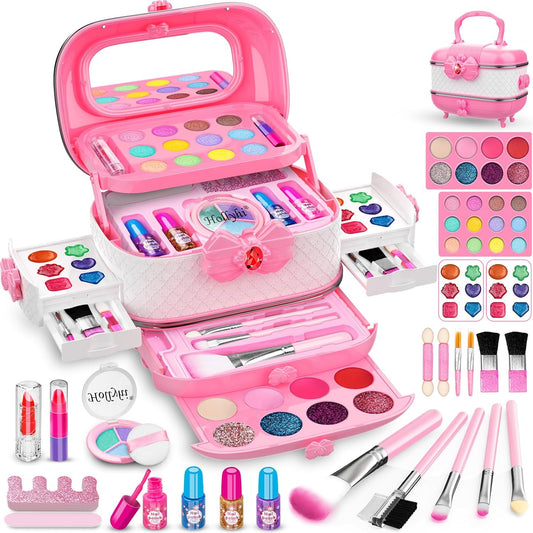58Pcs Kids Real Makeup Sets for Girls, Safe Washable Children Pretend Dress up Toys Make up Starter Kit, Princess Holidays Birthday Gifts for Age 3 4 5 6 7 8 9 10 11 12 Year Old Girl (Pink)