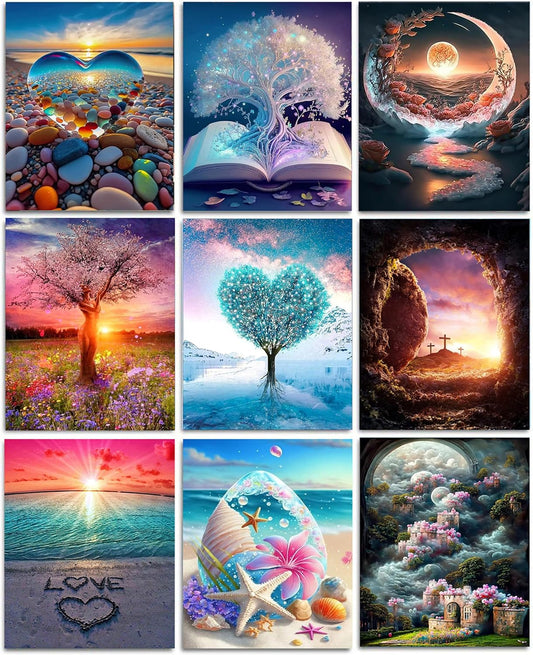 9 Pack Diamond Painting Kits for Adults,5D Landscape Diamond Art Kit for Beginners, DIY Paint with Diamonds round Full Drill Paintings Gem Art for Gift and Home Wall Decor Inch12X16